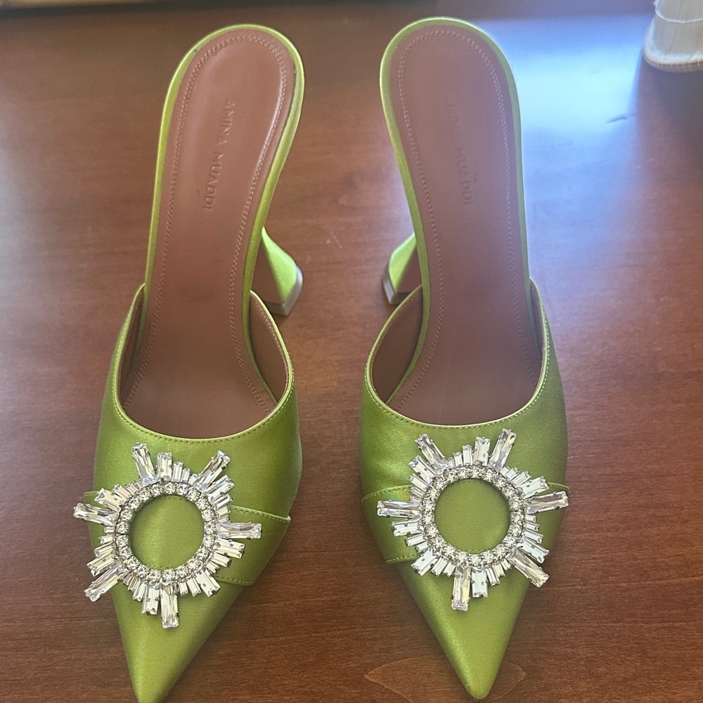 Amina Muaddi Lime Green Satin Pointed Crystal Sunburst Mules